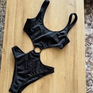 Black One-Piece Cutout Swimsuit with Ring Detail